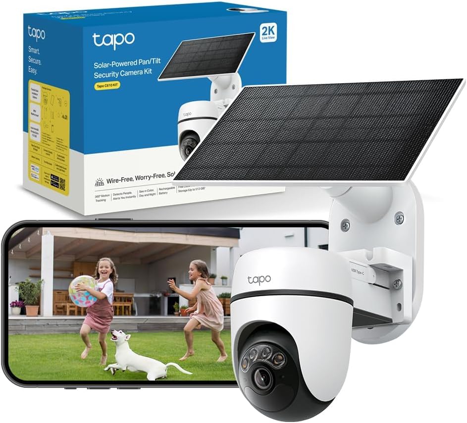 Tapo -  C610 Kit 2K 3MP Caméra WiFi Extérieur sans Fil avec Panneau Solaire, Détection Humaine, Vision Nocturne à Couleurs, 360° PTZ Caméra Surveillance à Batterie 6700mAh,  Suivi AI, IP65