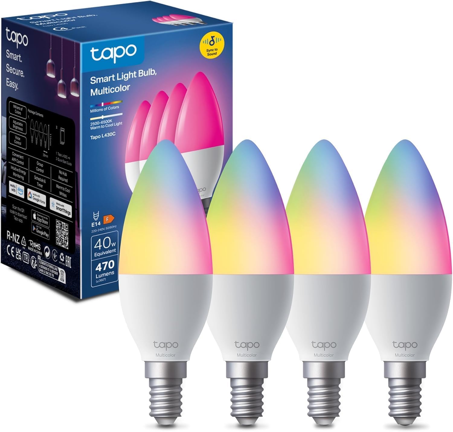 Tapo L430C - Ampoule LED E14 Connectée Alexa , Multicolore 2500K-6500K Dimmable 40W 470Lm - 4 pièces