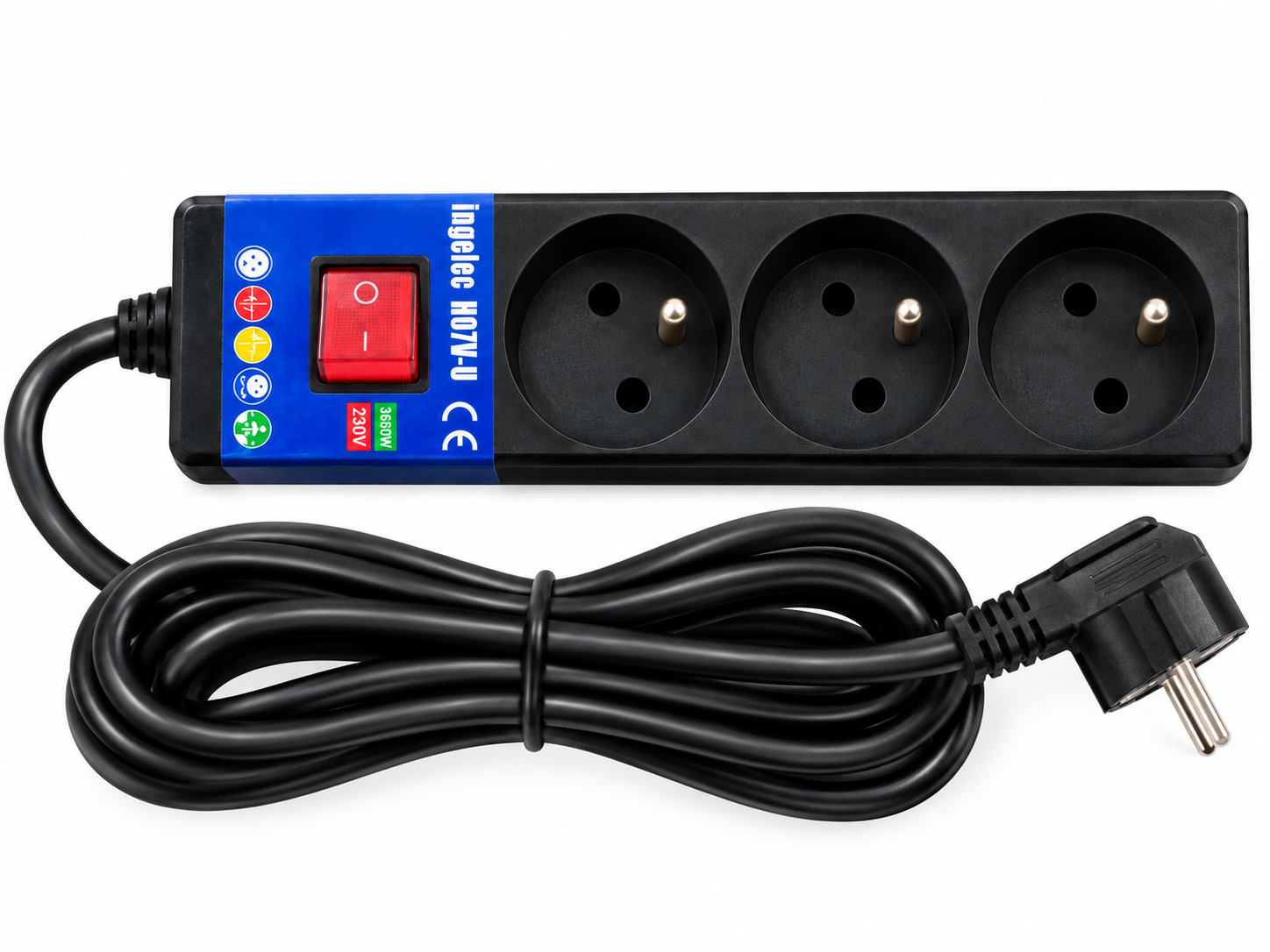 Rallonge multiprise 3 prises, 3680W-230V cordon semi-rigide 2P-T, prise de terre 2.5m