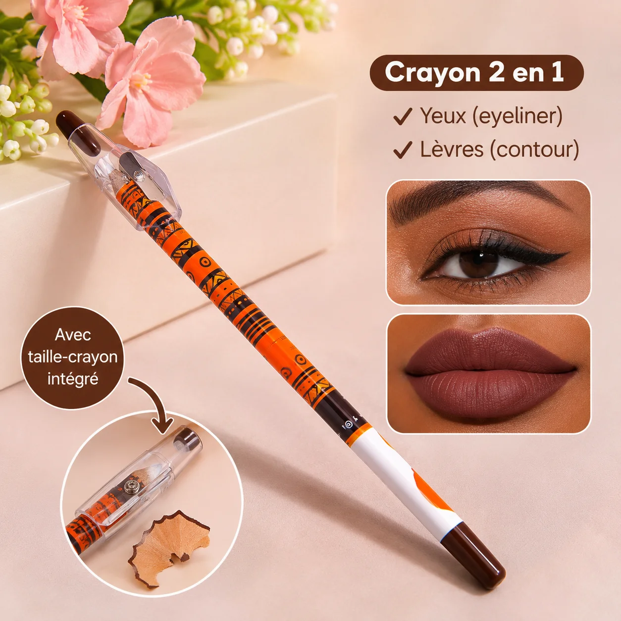 Crayon de maquillage marron 2 en 1 – Avec taille-crayon intégré